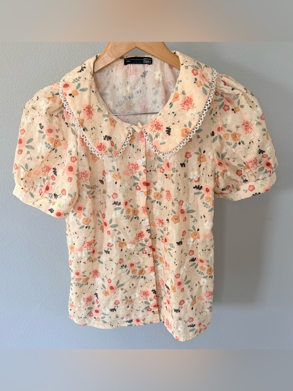 Cottagecore Peter Pan Collar Floral Embroidered Puff Sleeve Eyelet Blouse S–L
